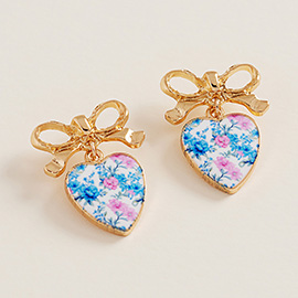 Vintage Floral Heart Drop Bow Earrings