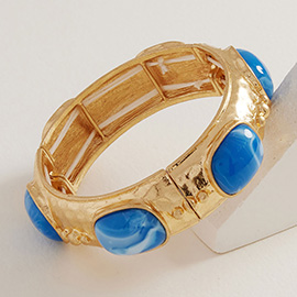 Marbled Oval Stone Accent Boho Hammered Metal Stretch Bracelet