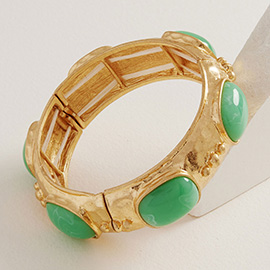 Marbled Oval Stone Accent Boho Hammered Metal Stretch Bracelet