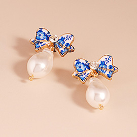 Fresh Pearl Dangle Floral Bow Earrings