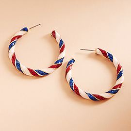 Patriotic American USA Glittered Enamel Twist Hoop Earrings