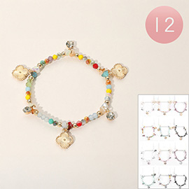 12PCS - Quatrefoil Charm Colorful Faceted Beaded Stretch Bracelets
