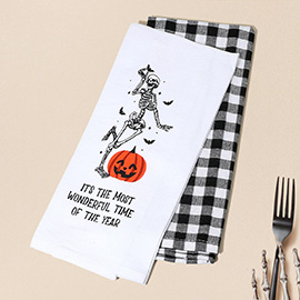 2PCS - Halloween Message Skeleton Pumpkin Printed Gingham Kitchen Towel Set