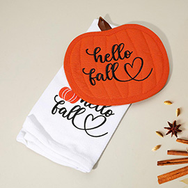 2PCS - HELLO FALL Pumpkin Trivet Kitchen Towel Set