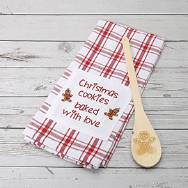 2PCS - CHRISTMAS COOKIES BAKED WITH LOVE Message Checkered Kitchen Towel Wooden Spoon Set