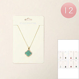 12PCS - Stainless Steel Quatrefoil Stone Pendant Necklaces