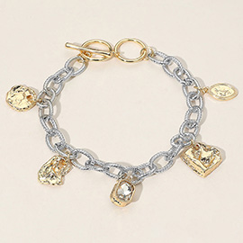 Geometric Textured Charm Station Chunky Chain Toggle Bracelet