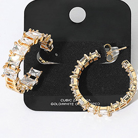 Gold Dipped Square CZ Stone Cluster Around Evening Hoop Earrings