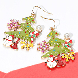 Pearl Accent Snowman Snowflake Enamel Christmas Tree Dangle Earrings