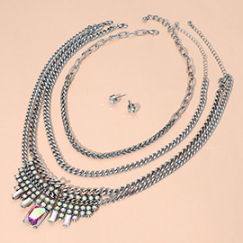 3PCS - Crystal Stone Cluster Embellished Plate Accent Chunky Chain Layered Necklaces