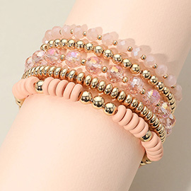 5PCS - Flat Wood Metal Ball Faceted Beaded Stretch Multi Layered Bracelets