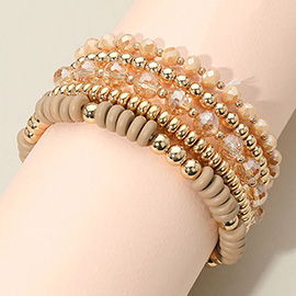5PCS - Flat Wood Metal Ball Faceted Beaded Stretch Multi Layered Bracelets