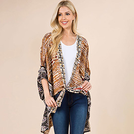 Boho Geometric Tribal Inspired Pattern Printed Tie Front Kimono Poncho