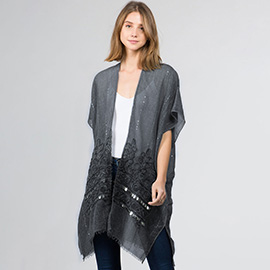 Flower Embroidered Open Front Kimono Poncho
