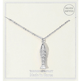 Silver Dipped CZ Stone Accent Fish Pendant Necklace