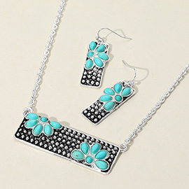 Embossed Floral Pattern Textured Metal Bar Pendant Necklace
