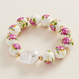 Pearl Accent Floral Ceramic Ball Beaded Bracelet