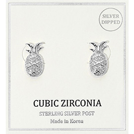 Silver Dipped CZ Stone Paved Pineapple Stud Earrings