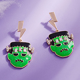 Stone Accent Glittered Enamel Halloween Lightning Bolt Frankenstein Dangle Earrings
