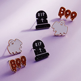 3Pairs - Halloween Ghost Tombstone BOO Stud Earring Set