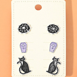 3Pairs - Halloween Black Cat Spider Web Coffin Stud Earring Set