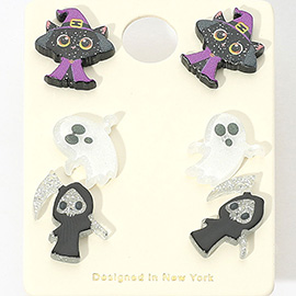 3Pairs - Halloween Black Cat Ghost Grim Reaper Stud Earring Set