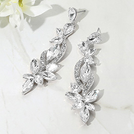 Elegant Floral Stone Cluster Long Drop Evening Earrings