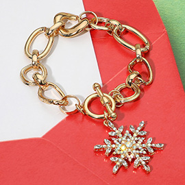 Rhinestone Embellished Snowflake Charm Toggle Bracelet