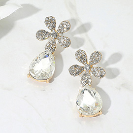 Rhinestone Paved Flower Accent Teardrop Dangle Evening Earrings
