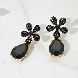 Rhinestone Paved Flower Accent Teardrop Dangle Evening Earrings