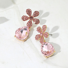 Rhinestone Paved Flower Accent Teardrop Dangle Evening Earrings