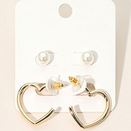 2Pairs - Pearl Stud Metal Heart Hoop Earring Set