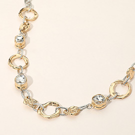 Faceted Oval Square Stone Accent Link Textured Metal Chain Necklace