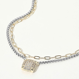 14K Gold Plated CZ Stone Paved Pendant Accent Two Tone Layered Chain Necklace