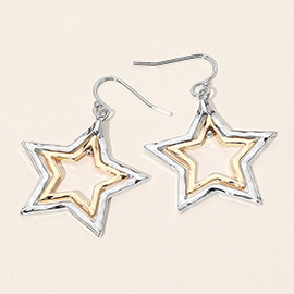 Hammered Metal Double Star Dangle Celestial Earrings