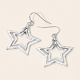 Hammered Metal Double Star Dangle Celestial Earrings