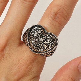 Vintage Stone Paved Heart Filigree Stretch Ring