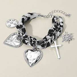Metal Heart Cross PEarl Paved Starbusrt Medal Charm Station Leopard Printed Fabric Chain Bracelet