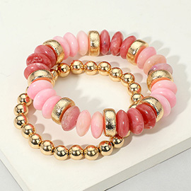 2PCS - Natural Stone Metal Ball Beaded Stretch Double Layered Bracelets