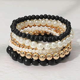6PCS - Wooden Metal Pearl Ball Beaded Stretch Multi Layered Bracelets
