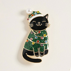 Festive Holiday Santa Hat Black Cat Pin Brooch