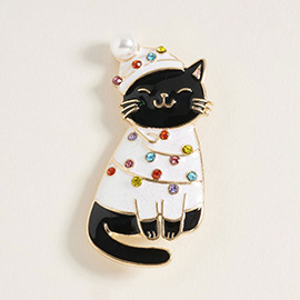 Festive Holiday Santa Hat Black Cat Pin Brooch