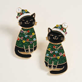 Festive Holiday Santa Hat Black Cat Earrings