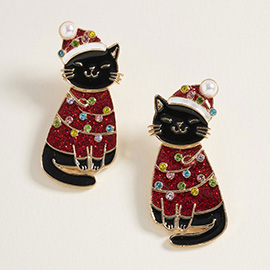 Festive Holiday Santa Hat Black Cat Earrings