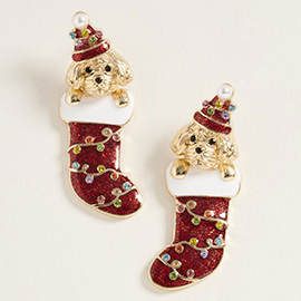 Holiday Lights Christmas Socks Puppy Earrings