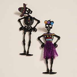 Mismatched Day of the Dead Halloween Skeleton Earrings
