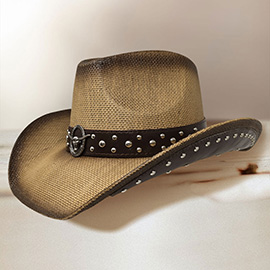 Metal Steer Head Emblem Studded Faux Leather Band Western Straw Cowboy Fedora Hat