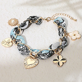 Heart Quatrefoil Pearl Charm Embellished Scarf Fabric Chain Bracelet