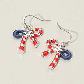 American USA Candy Cane Bow Drop Dangle Earrings